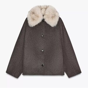 Zara Brown Pea Coat with Cream Faux Fur Collar